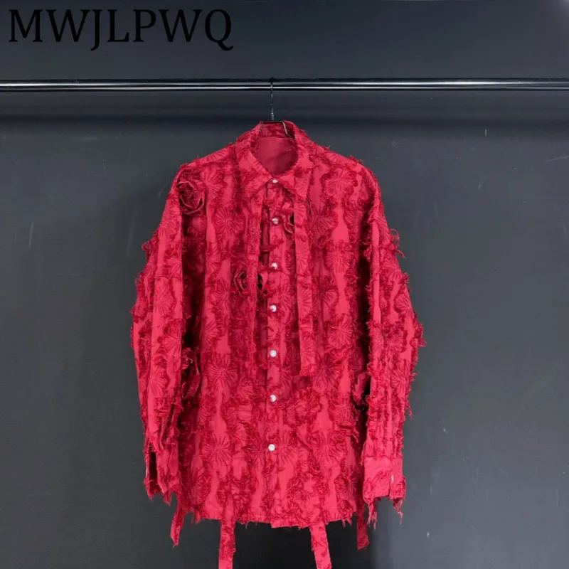 

MWJLPWQ Red Jacquard Long Sleeve Male Shirts Tessel Design Lace Up Loose Linen Chinese Style Distressed Texture Casual Top 12242