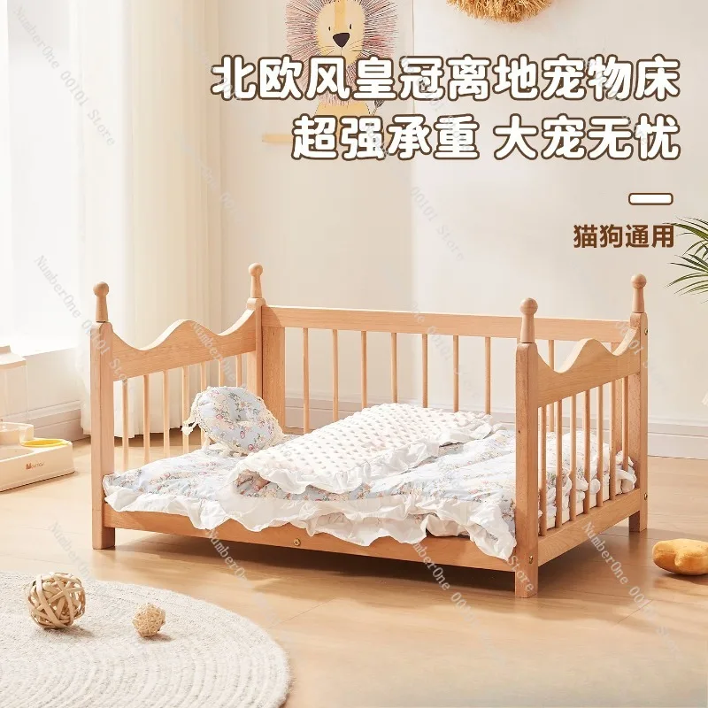 Solid Wood Dog Bed Moisture Proof Pet Bed Beech Wood Frame Pet Sleeping Bed Removable Washable Cat Dog Fence Style Elevated