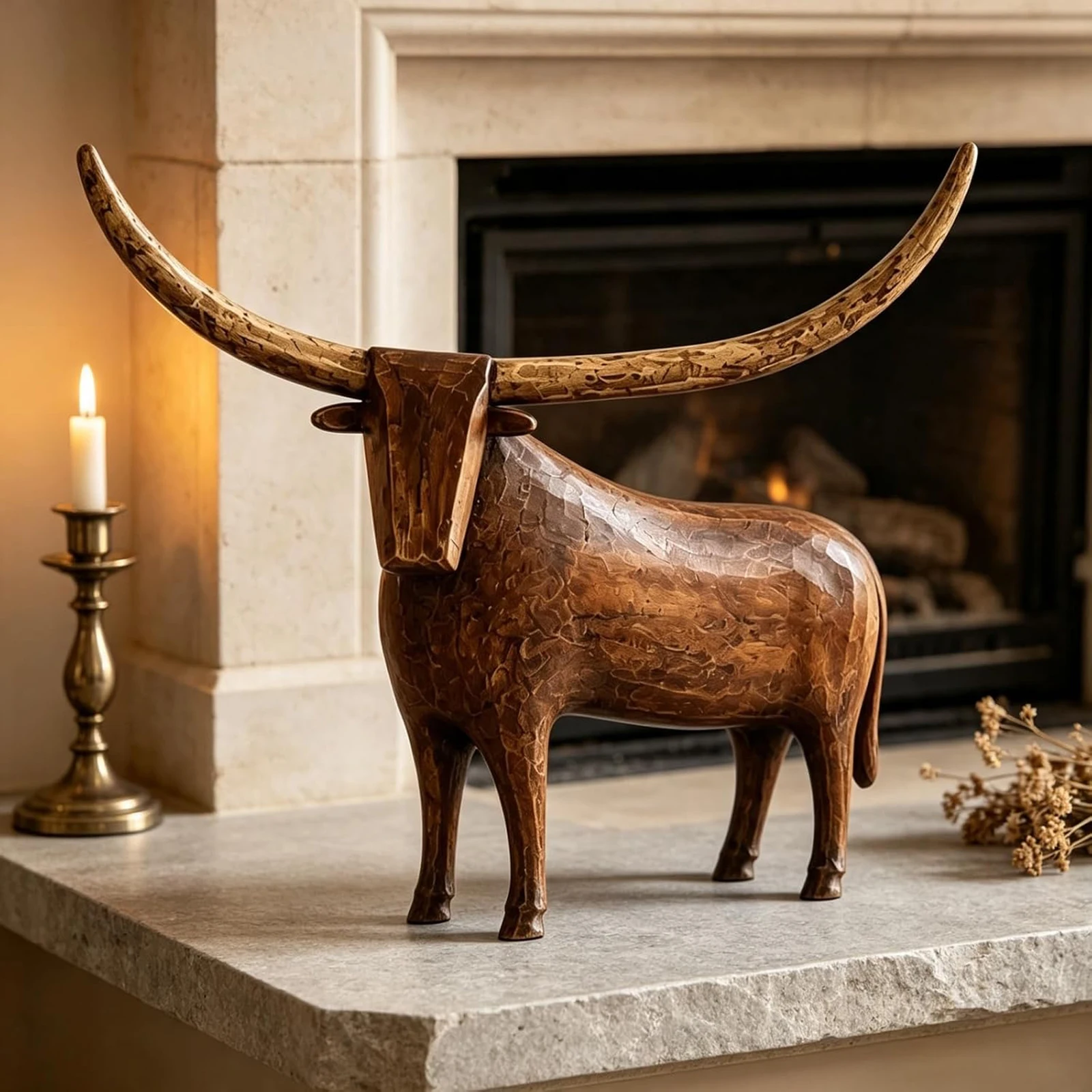 Resin Longhorn Sculpture Vintage Rustic Western Farmhouse Tabletop Figurine Mantel Bookshelf Decor Brown Ivory