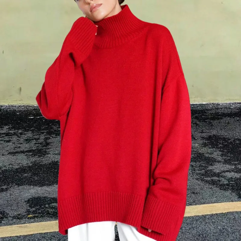 الخريف المرأة محبوك سترة كبيرة الحجم عالية الياقة الأصفر خمر البلوز لينة شتاء دافئ Vintage البلوزات الحمراء للنساء