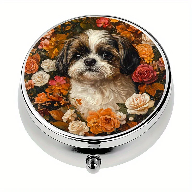 1 pill box with 3 compartments, decorated with autumn flowers and a Shih Tzu pet portrait, mini pill container, pill organizer, a unique gift for pet lovers