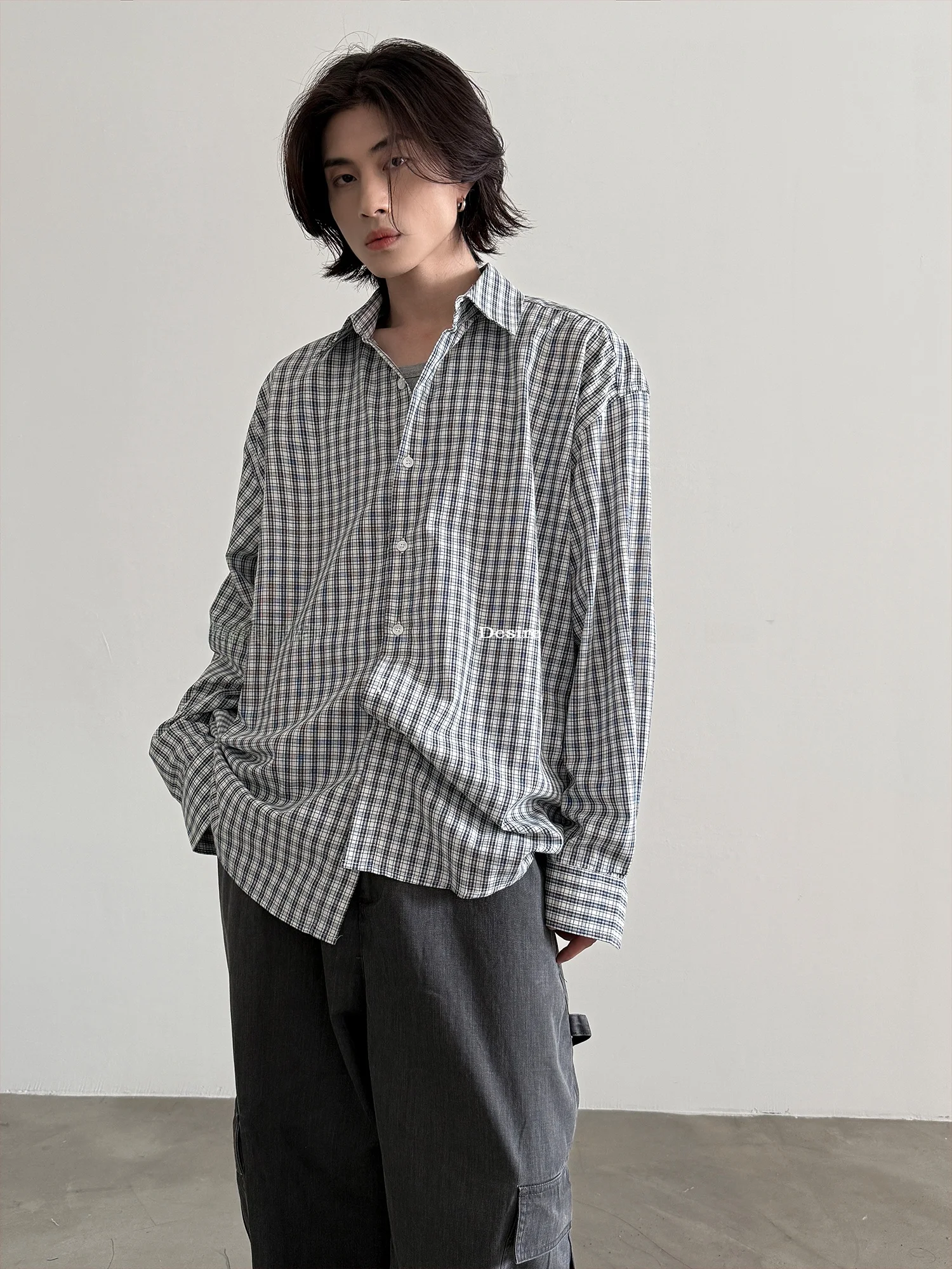 

Very Fewest Classic American Bla White Plaid Loose Long Sve irt ex Lazy id Cardigan Spring Youth Faion Casual
