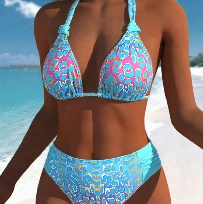 Ladies fashion summer gradual change leopard print full body print neck halter beach vacation bikini
