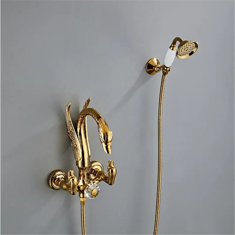 Gold Bathtub and Shower Faucet Set Wall Mounted Gold Swan Bathtub, Bathroom Cold and Hot Bath and Shower Mixer Tap