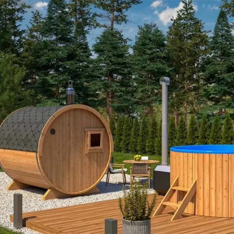 Salón de sauna de barril de madera al aire libre, Saunas de madera tradicionales de jardín canadiense Hemlock para 4-6 personas con dosel