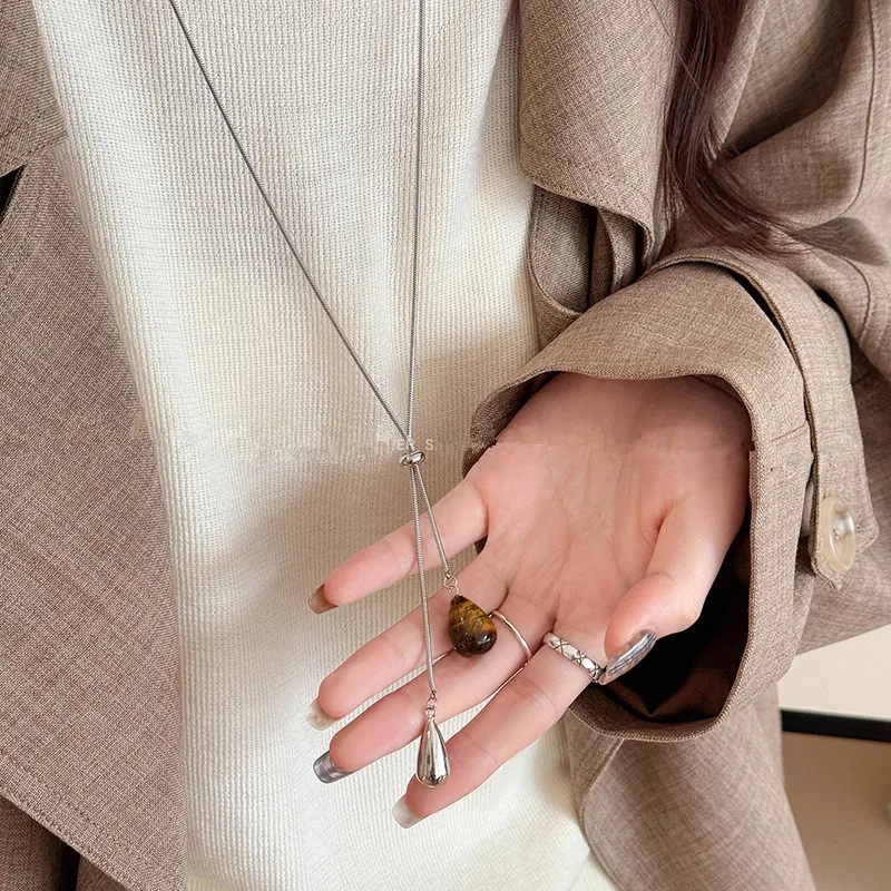 Vintage Water Drop Spotted Tiger Eye Stone Pendant Necklaces for Women Drawstring Long Chains Necklace Minimalist Accessories
