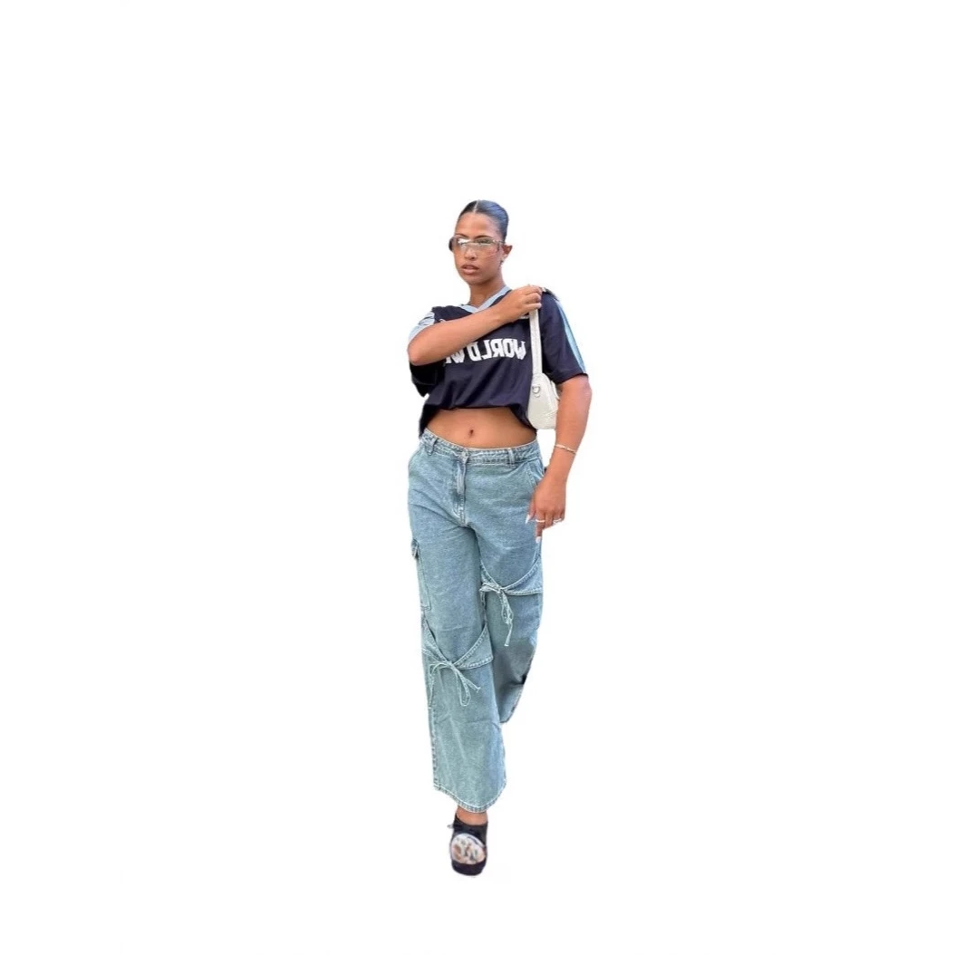 

Loose Straight Leg Denim Pants for Women with Knot Patchwork Y2K Spicy Girl Ins Style Cross-Border American Jeans