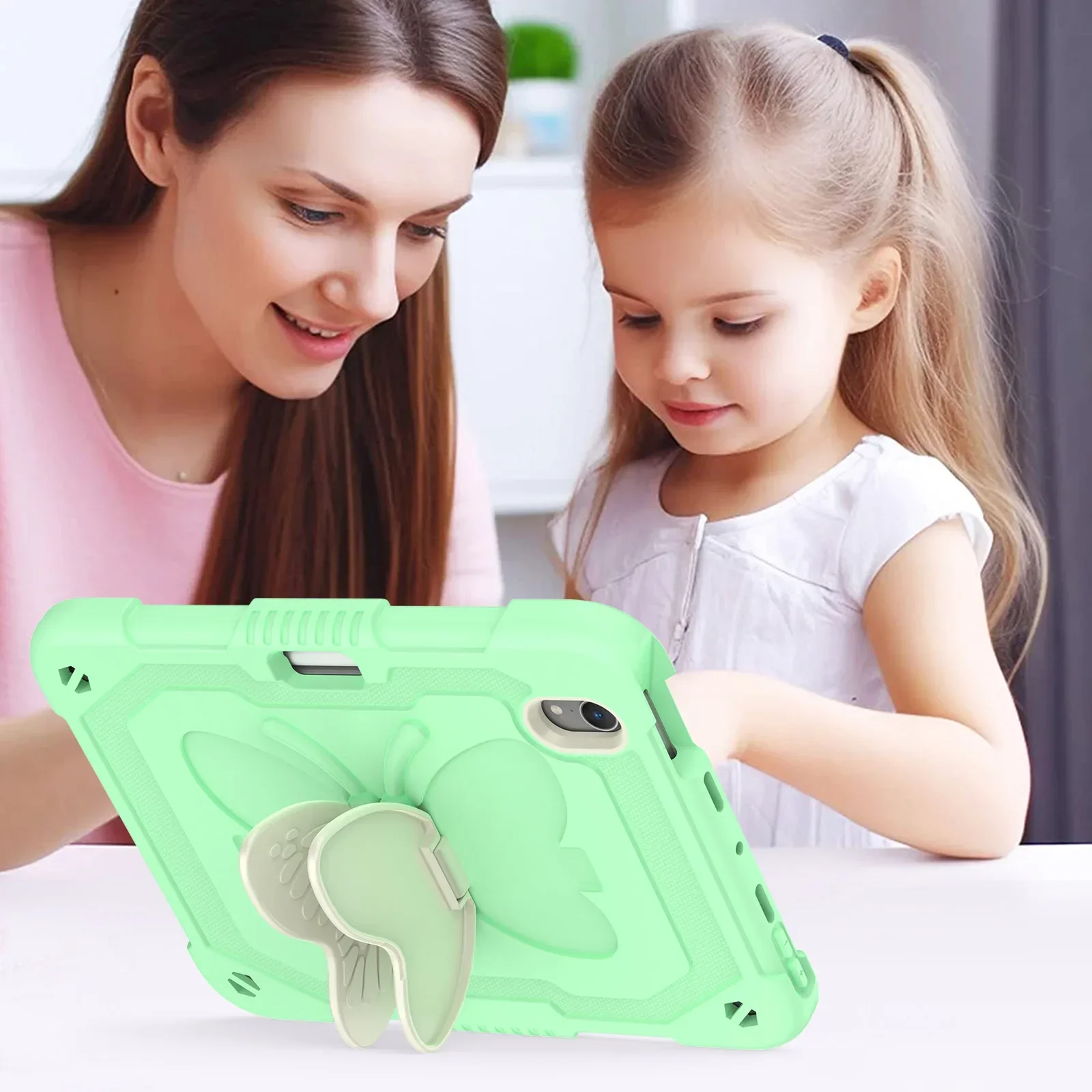 Custodia con ala di farfalla per iPad Mini 7 6 Cover posteriore in silicone antigraffio da 8,3 pollici Cavalletto incorporato, tracolla e slot per penna