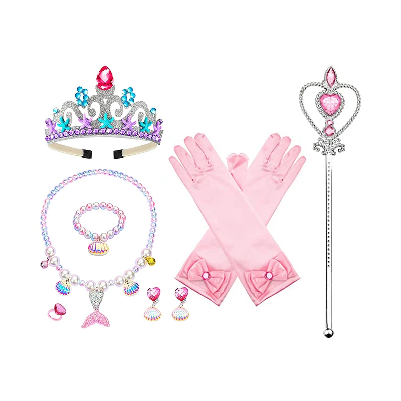 Kid Princess Party Dress Up Accessory Mermaid Tail Necklace Crown Earrings Ring Gloves Magic Wand for Girl Birthday Costume