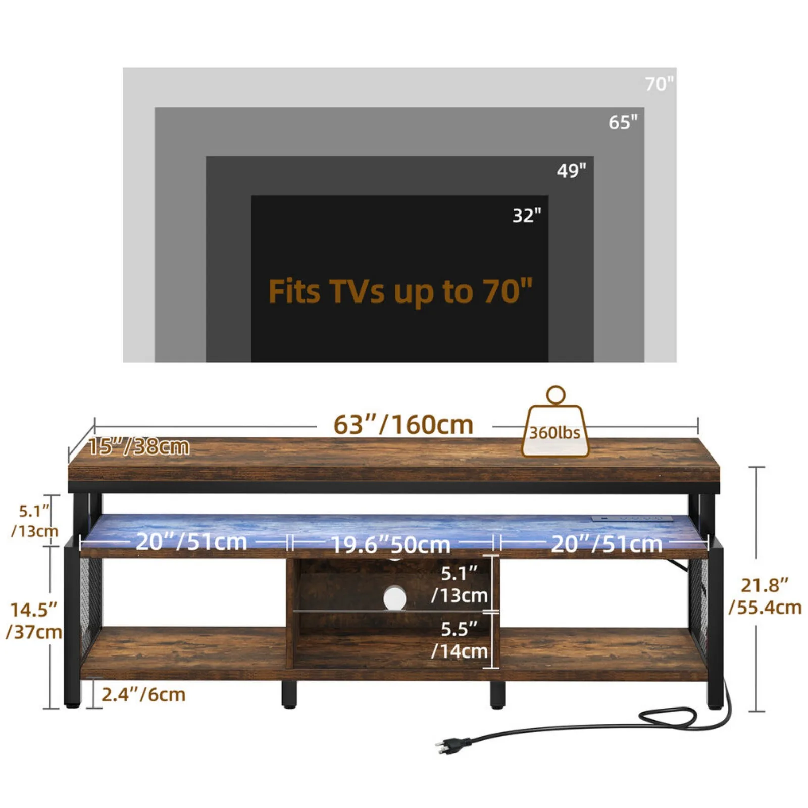 LED TV Stand Entertainment Center with Power Outlets Media Console For 70