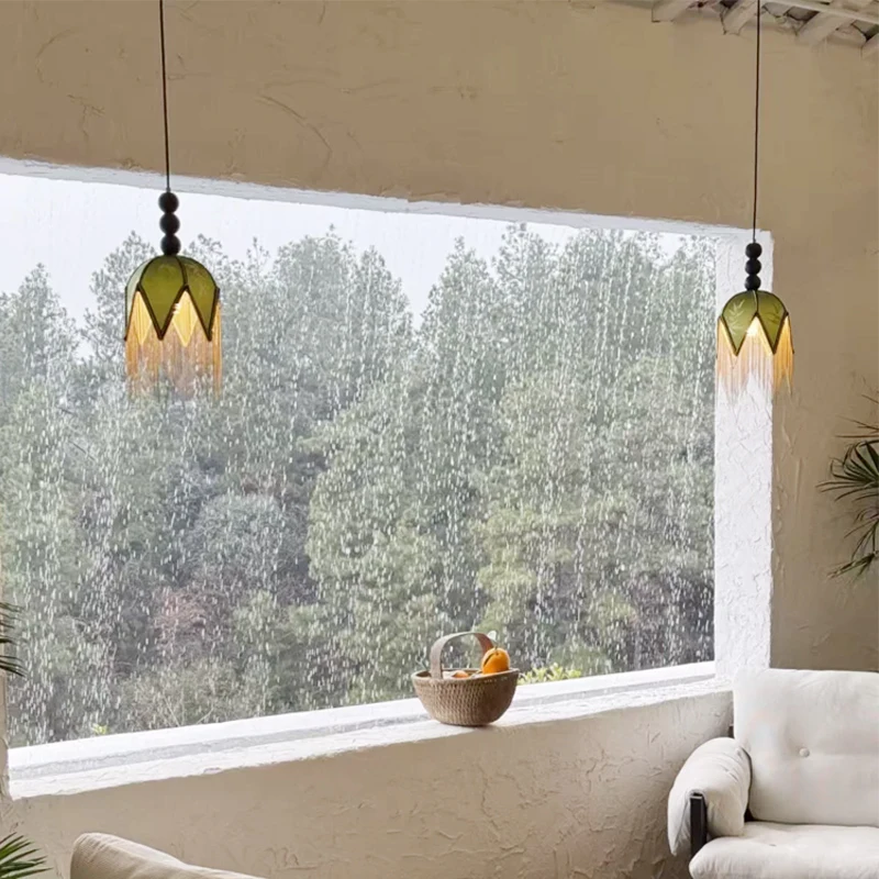 French Style Bedroom Bedside Pendant Light American Green Tassel With High-end Hanging Lamp Retro Entrance Bar led Light Fixture