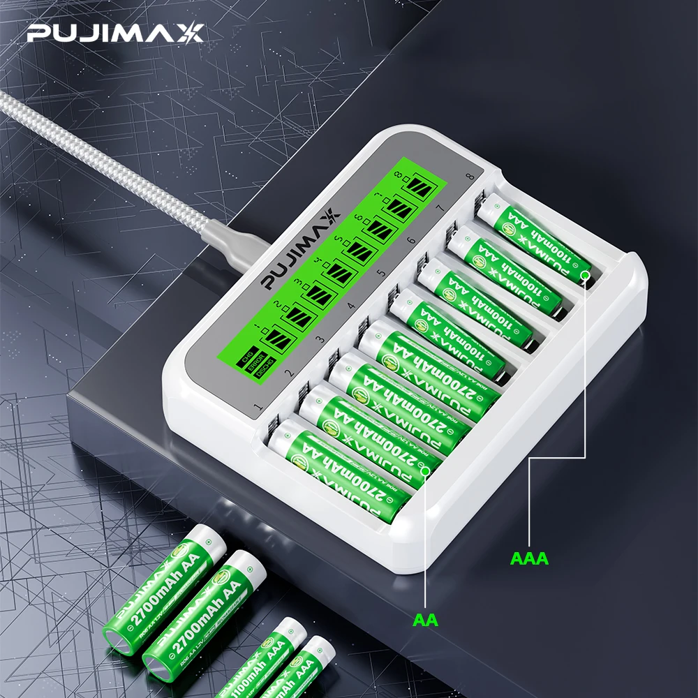 PUJIMAX 1.2V Ni-MH/Ni-CD AA/AAA Rechargeable Battery Charger 8-Slots LCD Display TYPE-C Charging Input Smart Safe Fast Charging