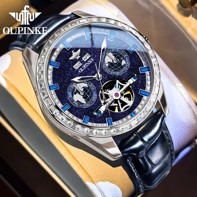 OUPINKE 3280 Men Watch Luxury Original Flywheel Hollow All Automatic Mechanical Watch Brand Starry Sky Sapphire Mirror Men Watch