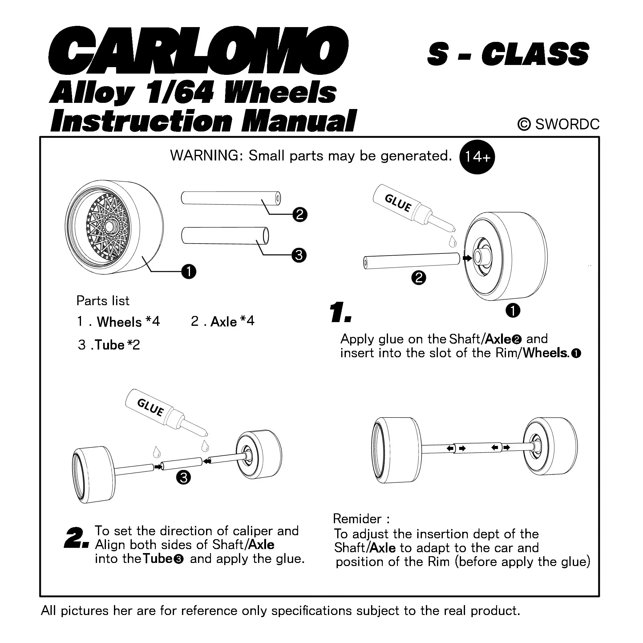 4pcs Set for Carlomo 1/64 S-Class Model Car Wheels With Rubber Tires Brake Disc Assembly Rims Refitting Parts for Model Vehicle