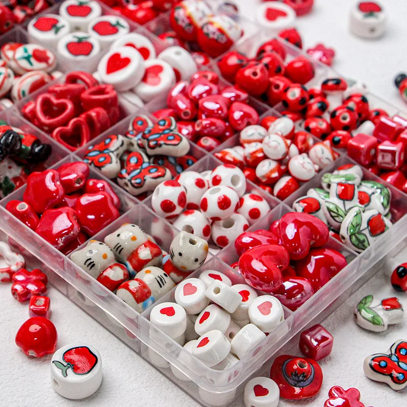 5-10pcs Pack Painted Red Ceramic Bead Handmade Multiple Pattern Spacer Bead for Jewelry Making DIY Christmas Accessories