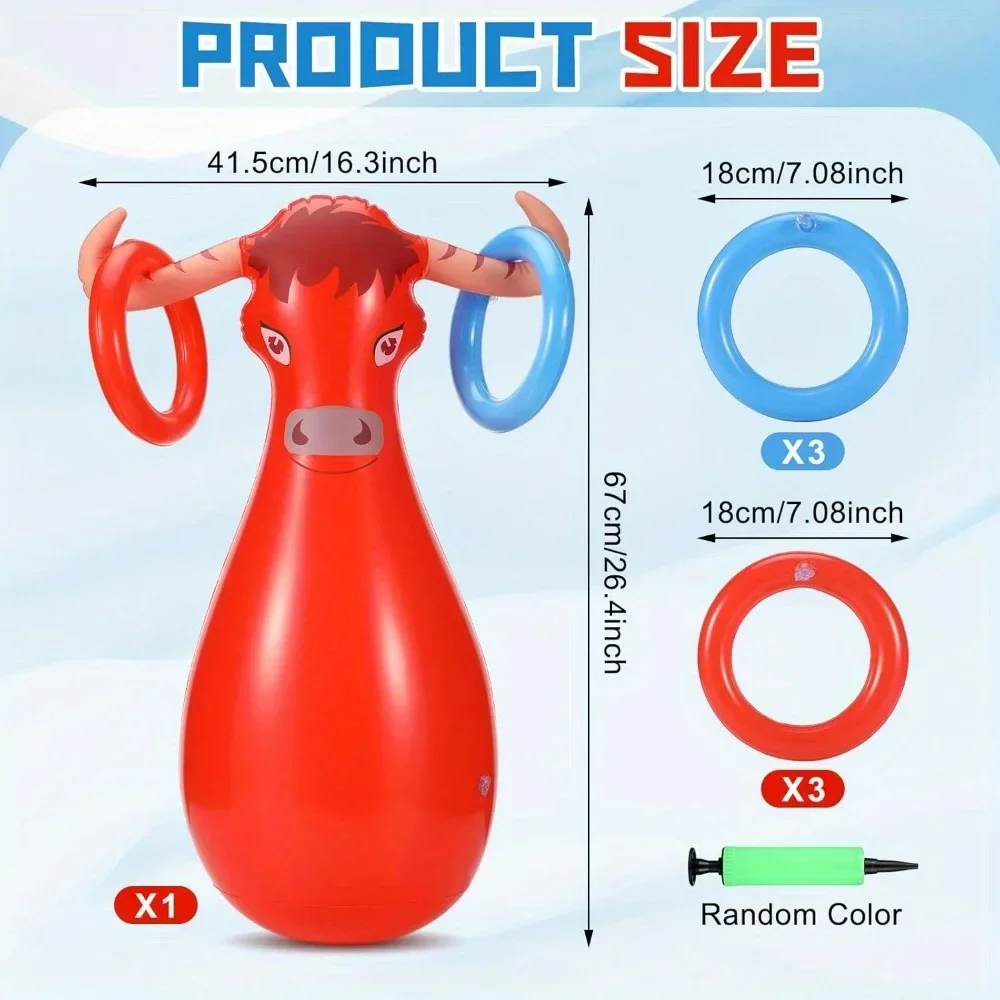 Inflatable Bull Ring Toss Game Set Include Inflatable Bull 6 Rings for Fiesta Rodeo Cowboy Party Supplies Pool Beach Decoration