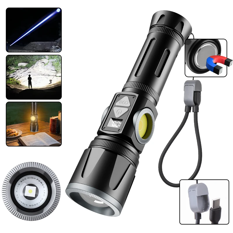 

New 30W Rechargeable LED White Laser Flashlight Dual COB Zoom Aluminum Torch with Battery Indicator Gift for Friends