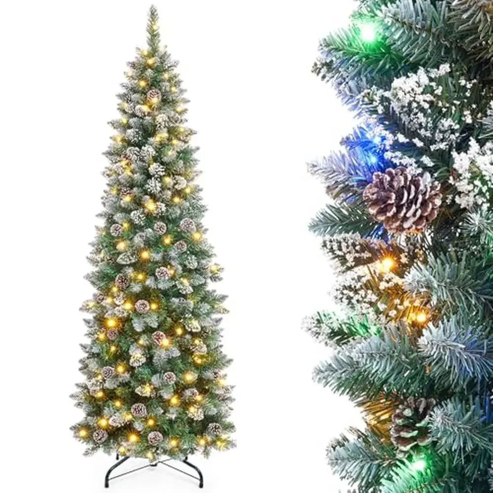 Pre-Lit 6ft Pencil Christmas Tree Flocked Snow Pine Cone 160 Warm White Lights Holiday Decor Slim Artificial Tree Iron Base