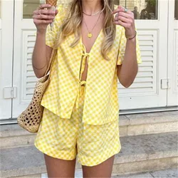 Women 2 Piece Plaid Short Set Sleeve Tie Up Front Peplum Top Ruffle Hem Shorts Y2k Lounge Outfit 00s Retro Home Suits Streetwear