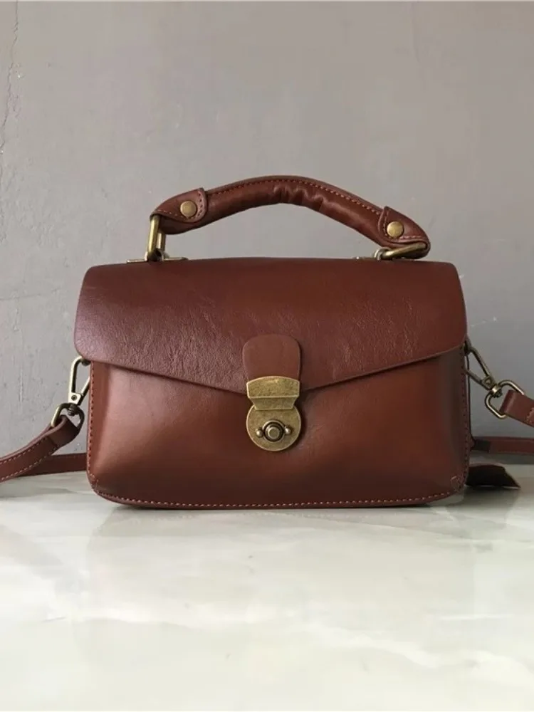 Solid Vintage Satchels Crossbody Bag Office Lady Tote Handbag Hasp Flap Single Shoulder Bag Women Genuine Leather Messenger Bags