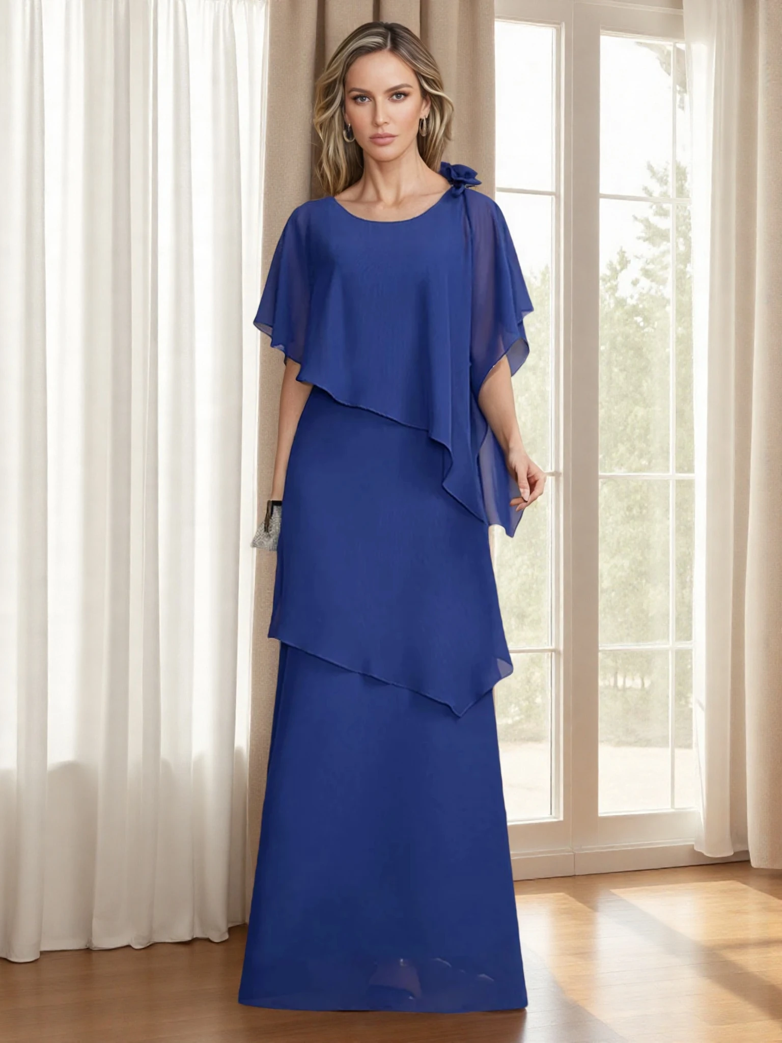 

Sheath / Column Mother of the Bride Dress Elegant Jewel Neck Floor Length Chiffon Short Sleeve with Handmade flowers 2025