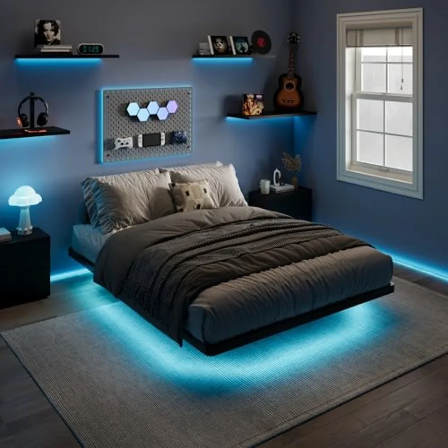 Floating bed frame with smart LED lights for modern bedroom, black metal, adjustable size, built-in dimmable lighting and USB c