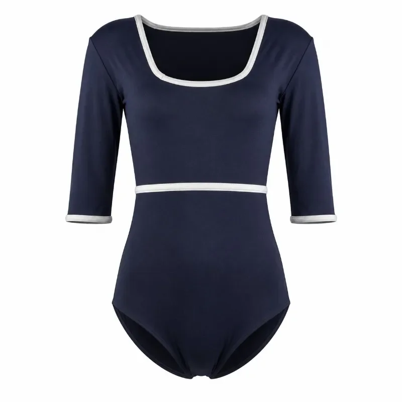 Ballet Leotard Women Ballet Training Dance Wear Mid‑Sleeve Square Neck White Contrast Binding Soft Stretch Gymnastics Bodysuit