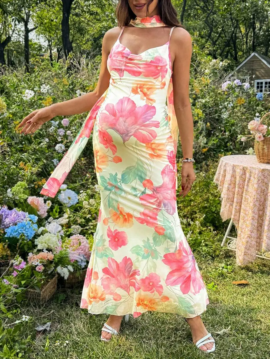 Floral Print Draped Fitted Summer Maxi Dress With Choker Neckline