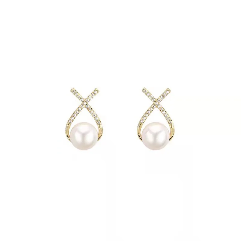 Simple Gold Color Metal Cross Earrings Fashion Triangular Imitation Pearl Earrings For Women Retro Jewelry Classic Earrings