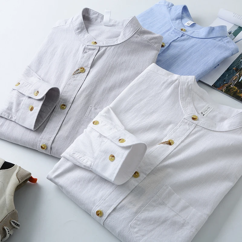 

Cotton Linen Blend Men's Shirt Long Sleeve Stand Collar Spring Summer Fashionable Loose Fit Youthful Style Pure Color