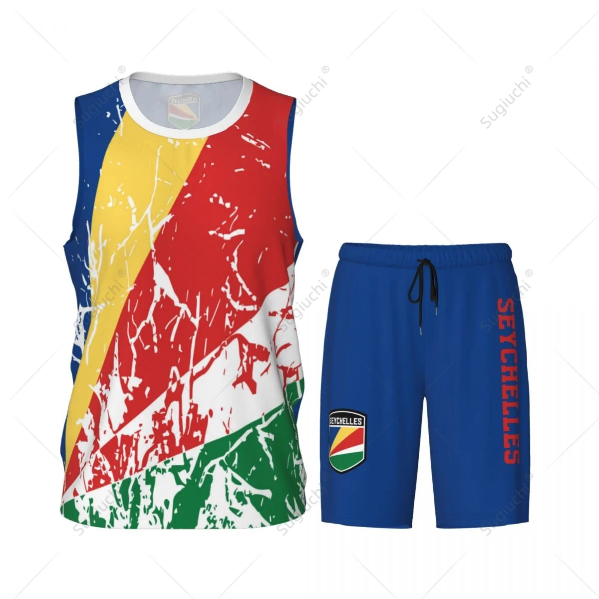 Seychelles Flag Grain Men Basketball Set Shirt & Pants Sleeveless