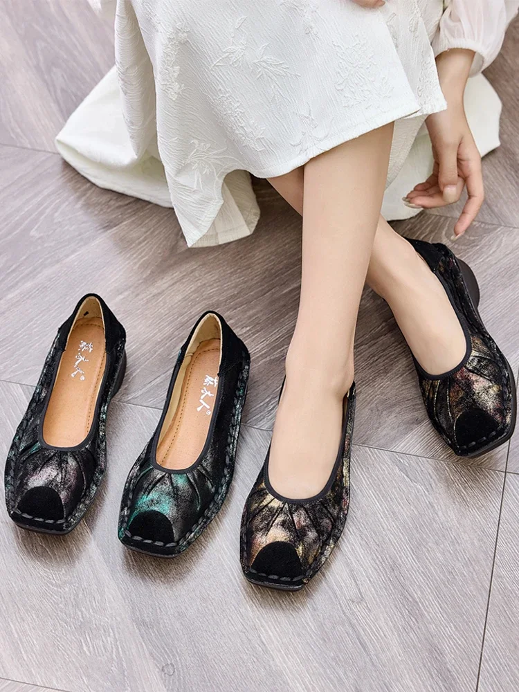 Ballet Shoes Women Leather Loafers Printed Chinese Art Pumps Women Slip On Lazy Shoes Soft Heels Black Handmade Genuine Leather