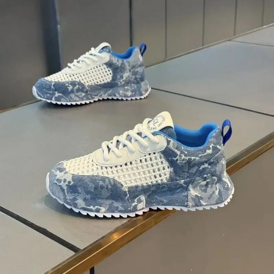 Textured Denim Sneakers Men Breathable Mesh Knit Lace Up Trainers Low Top Casual Sports Shoes Man Patchwork Hollow Blue Sneaker