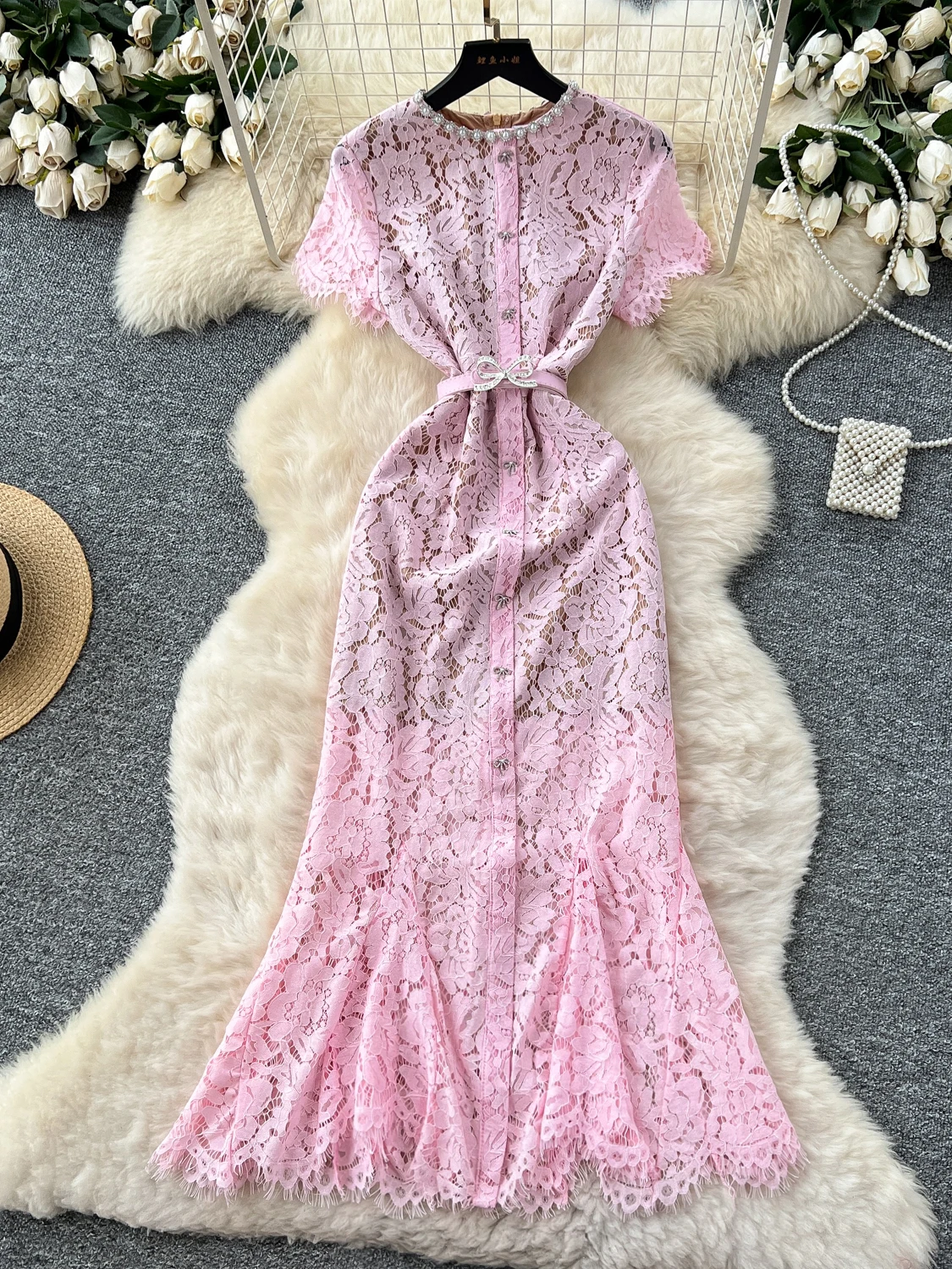  Lace ort Sve round Ne Fi Tail Dr Women's High Waist A-Line Skirt Summer Commute Sle Polyester Fiber