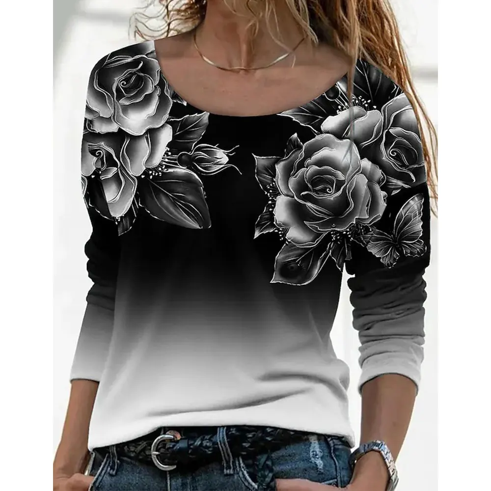 

Casual T-shirt For Women Daily Fashion Gradient Floral Print Round Neck Pullover Long Sleeved Top Tee Woman Clothes