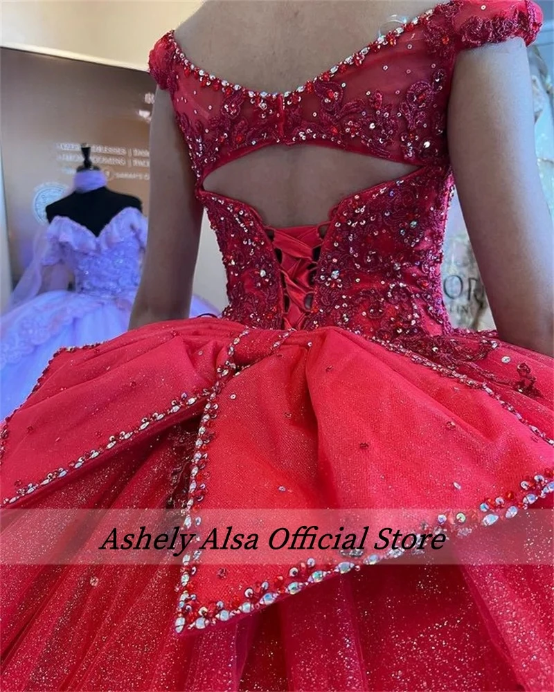 Aschely alsa neue rote Quince anera Kleider mit Schleife Spitze Applikationen Perlen Ballkleid vestido15 süße 16 Prom Party Kleider de 15 años