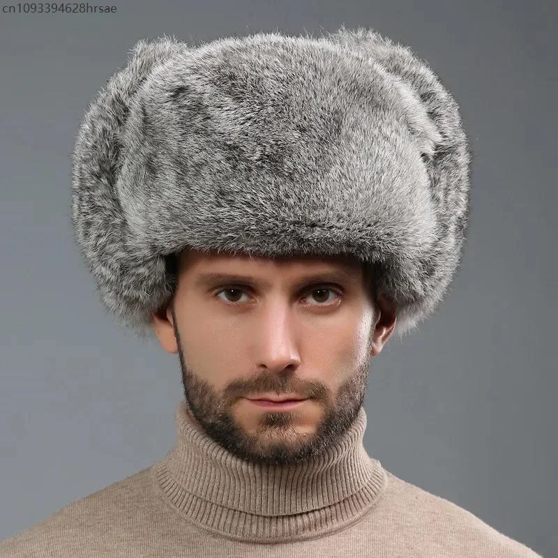 

Winter Russian Man Woman Wholeskin Faux Rex Rabbit Fur Hats Luxury Faux Sheep Skin Leather Cap Fur Bomber Hat Ushanka Hats