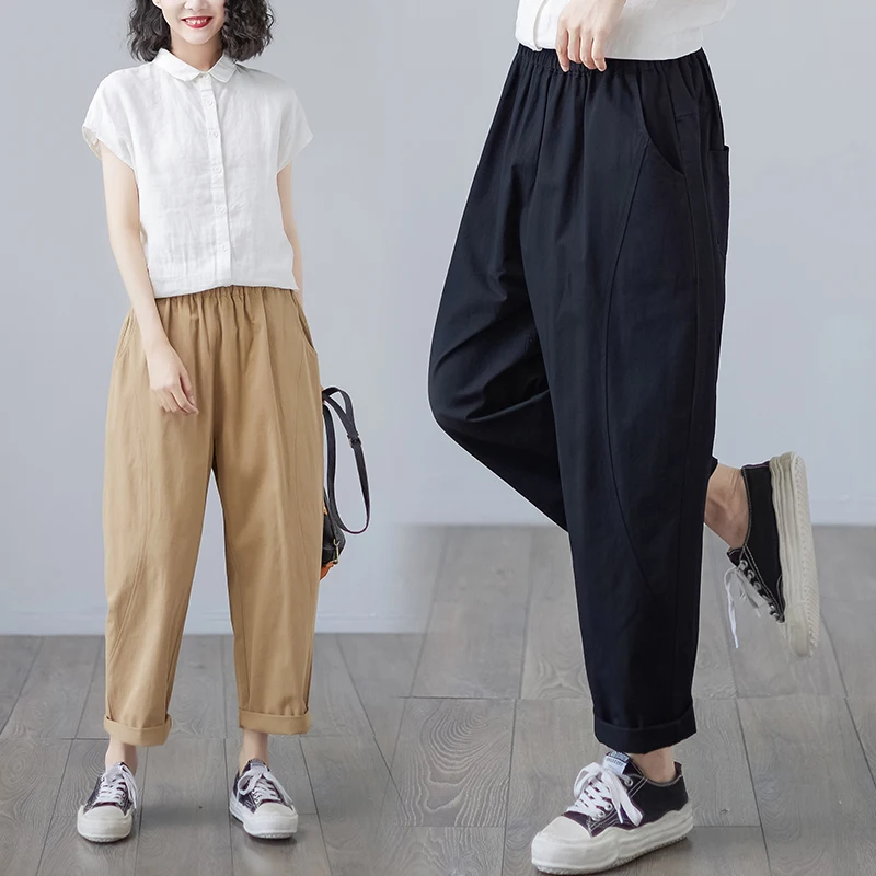 Artistieke Hoge Taille Harlan Broek Vrouwen Zomer Afslanken Casual Grote Maat Losse Veelzijdige Negen Punten Rutabaga Broek Dun Model