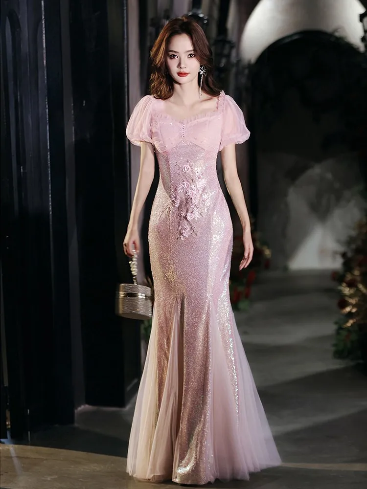 Fish-tail light luxury niche haute couture toasting host adult pink dress view 3