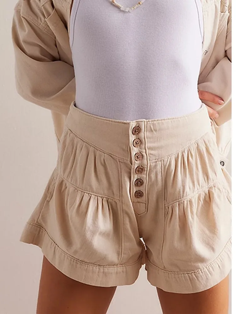 Elegant Washed Denim Shorts Summer Women High Waist Loose Ruffles Commuting Solid Color A Line Button Decoration All-match Jeans