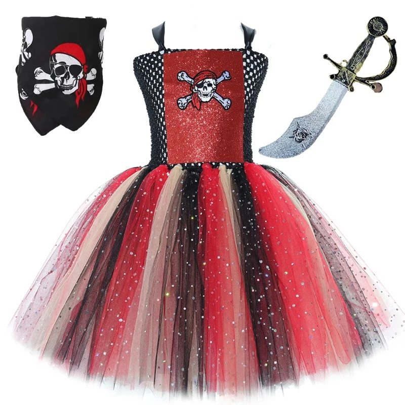 Twinkle Halloween Fancy Costumes for Girls Carnival Party Disguise Outfit Kids Sparkly Pirate Captain Tutu Dress with Hat Sword