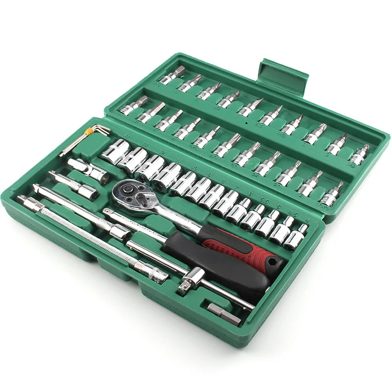 46pcs Socket Ratchet Car Repair Tool Wrench Set Head Ratchet Pawl Socket Spanner Screwdriver Professional Metalworking Tool Kit
