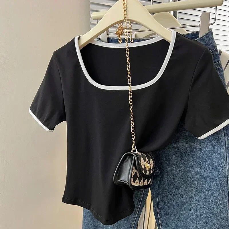 Feminino verão colheita topos de algodão sólido camisetas femininas esportivas manga curta moda casual branco preto roupas magro o-pescoço