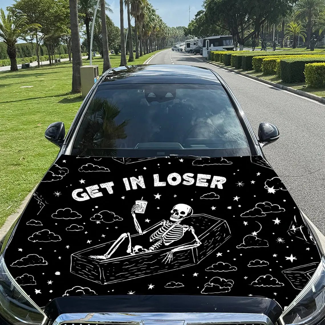

Car Decals "GET IN LOSER" with Skeleton and Starry Background Car Hood Sticker, Waterproof Self - Adhesive Vinyl Graphics Decals