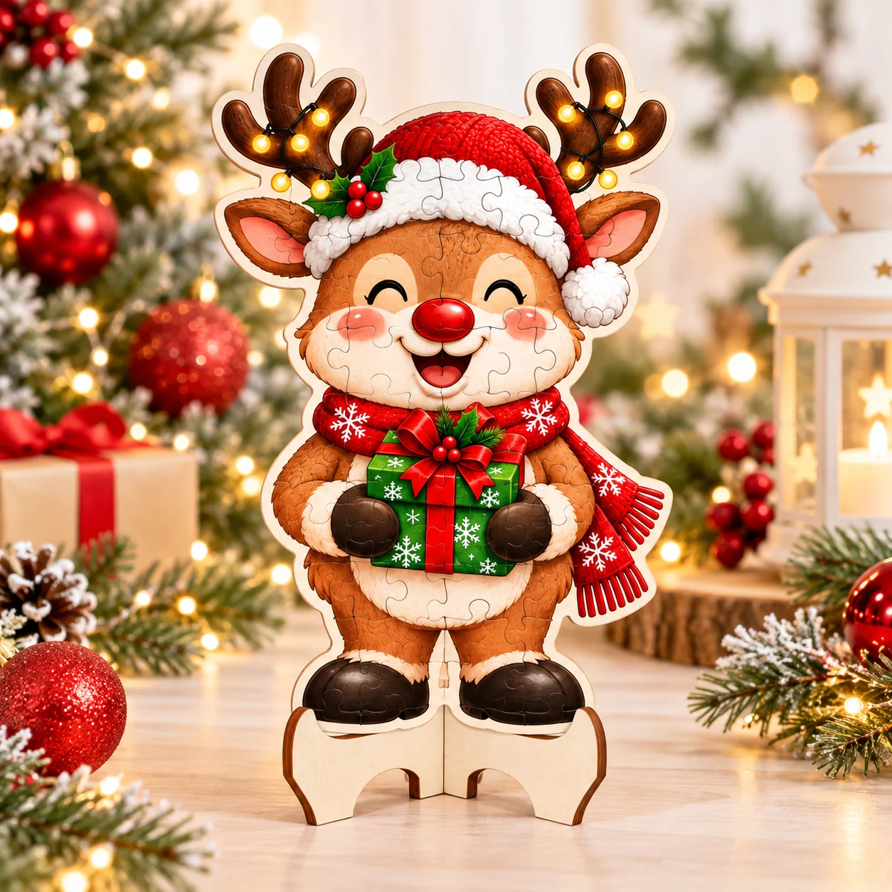 Custom Wooden Puzzle Stand Personalized Christmas Reindeer Tabletop Decor 3mm Poplar Wood UV Printed Puzzle Gift for Kids Home