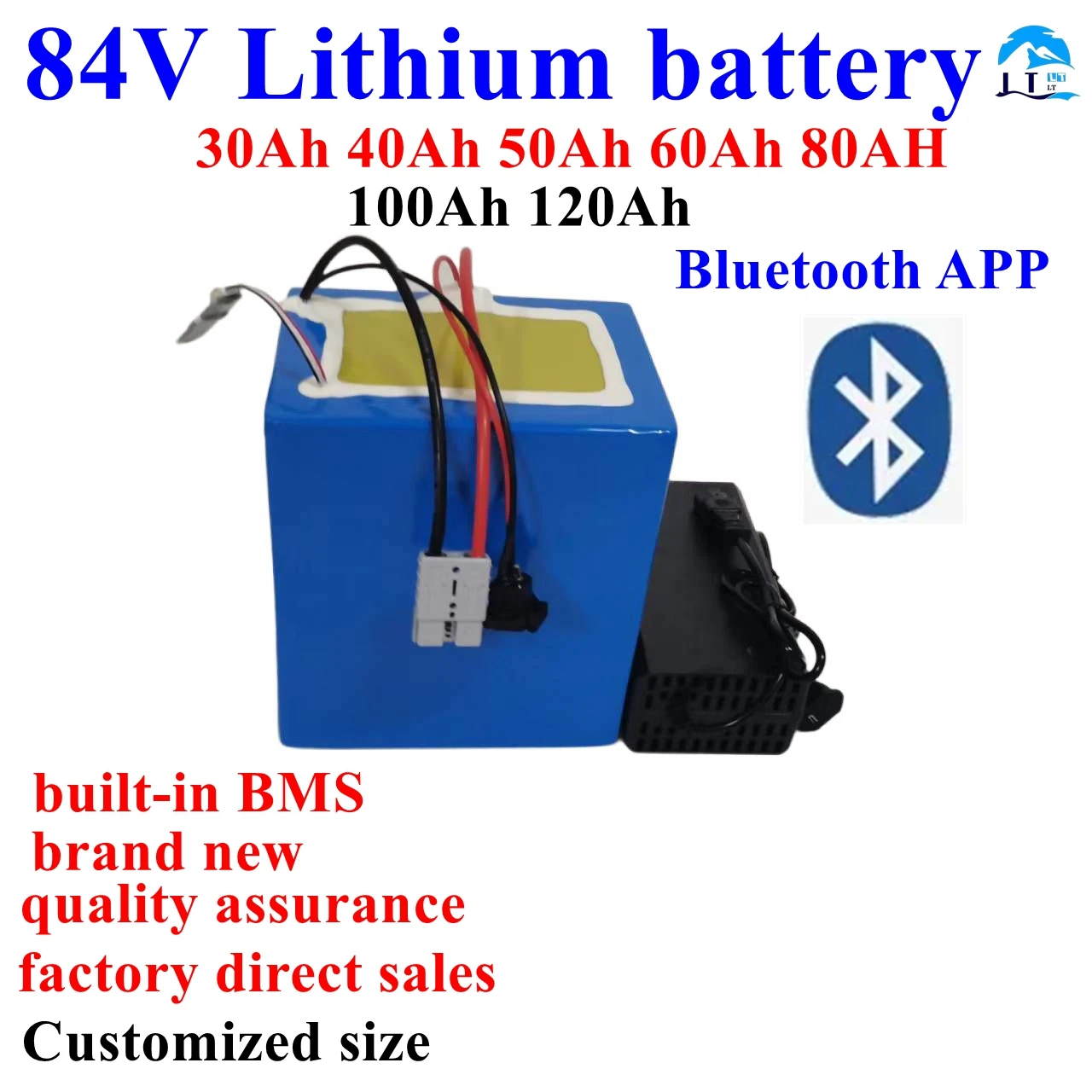 Batterie lithium-ion, 84V, 50Ah, 30Ah, 100Ah, 84V, 60Ah, 80Ah, avec Bluetooth, pour moto 5000W, voiturette de golf, chargeur 10A