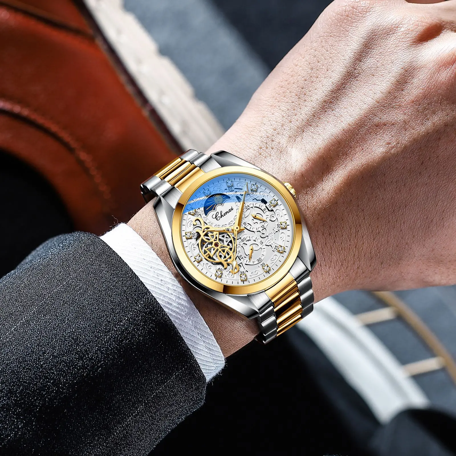 CHENXI watch men's mechanical watch waterproof luminous sun, moon and stars diamond-encrusted automatic hollow mechanical watch