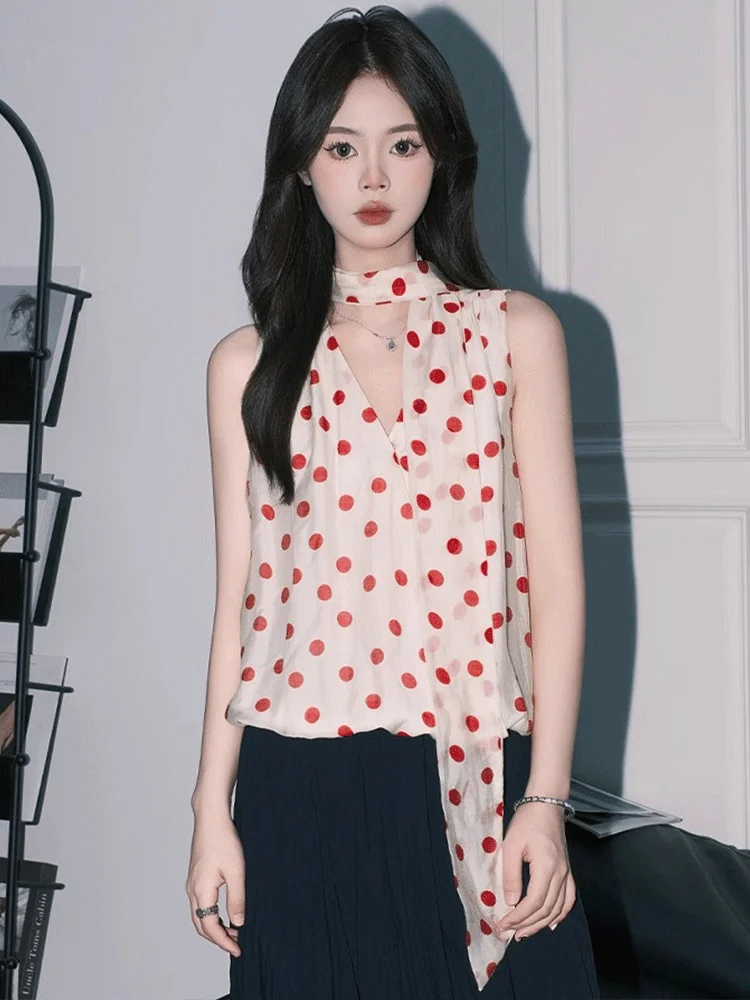   V-Ne Polka Dot ter Ne Tank Top Mujer Verano Vaion Suelto Gasa Svel Top Wrap Sle Ropa interior