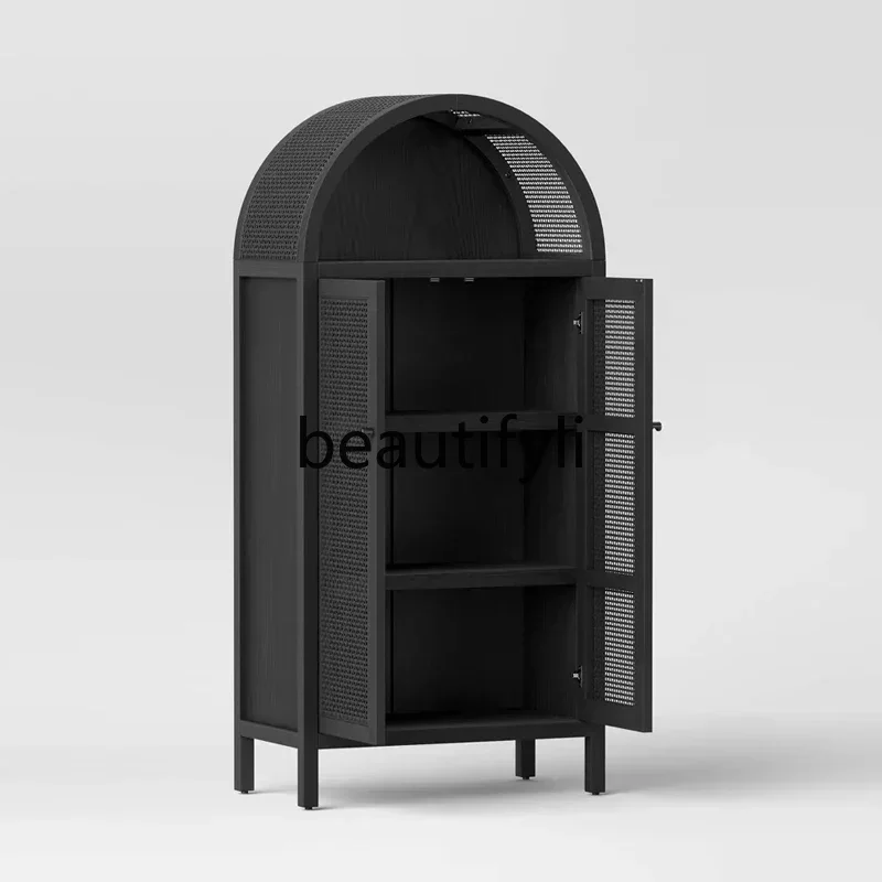 DD45 American Style Solid Wood Bookcase Light Luxury Floor-standing Woven Rattan Arch-shaped Storage Cabinet Vintage Display Cab