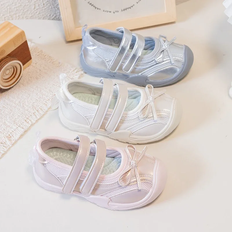 Girls Mary Jane Sneakers, Breathable Mesh Bow Decor Shoes, Dual Hook and Loop Straps Casual Walking Shoes for Spring Summer